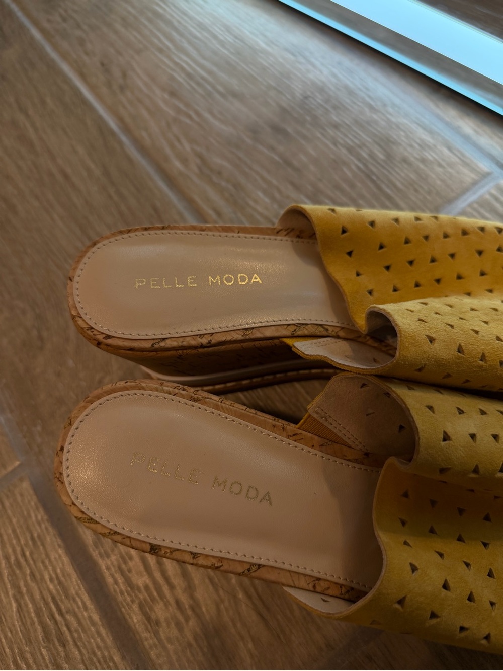Pelle Moda Mustard Yellow Perforated Wedge Slide - Picture 3 of 5